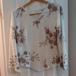 White Tan Sequin Long Sleeve Blouse with Artistic Botanical Design
